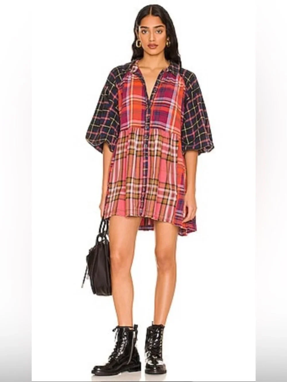Free People Moon Bay Mixed Plaid Dress Babydoll Patchwork Western Small - Picture 9 of 14